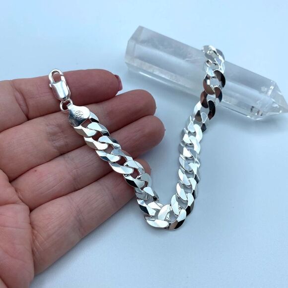 Flat Curb Sterling Silver Bracelet 250 gauge Unisex - Picture 2 of 6
